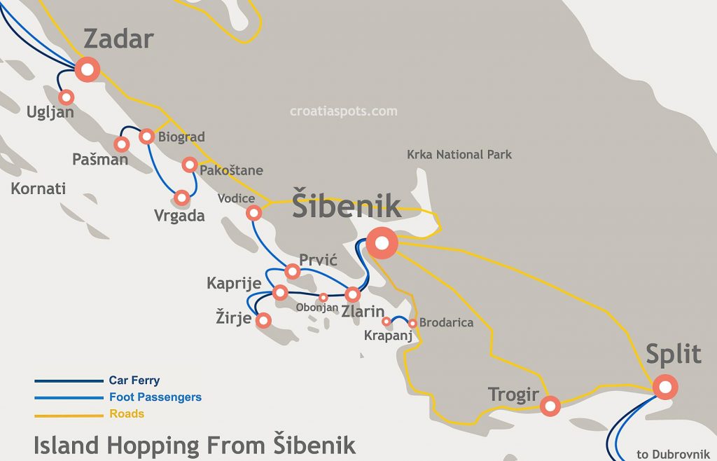 Sibenik Island Hopping Map - Car ferries and Foot passenger ferries routes