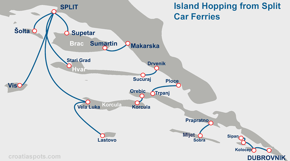 Map of car ferries for Island Hopping from Split