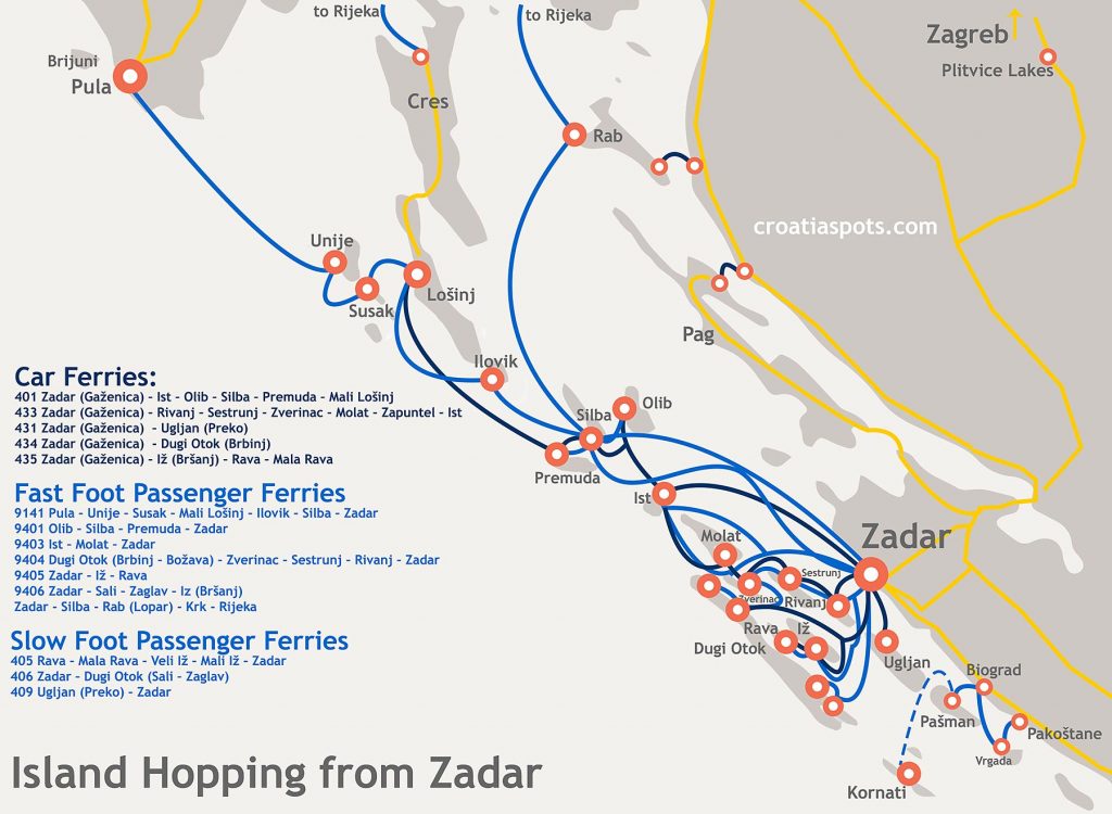 Zadar Island Hopping Map - Car ferries and Foot passenger ferries routes