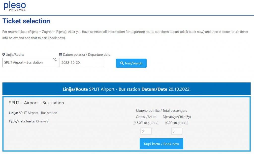 Screenshot of Pleso Prijevoz ticket booking from Split Airport