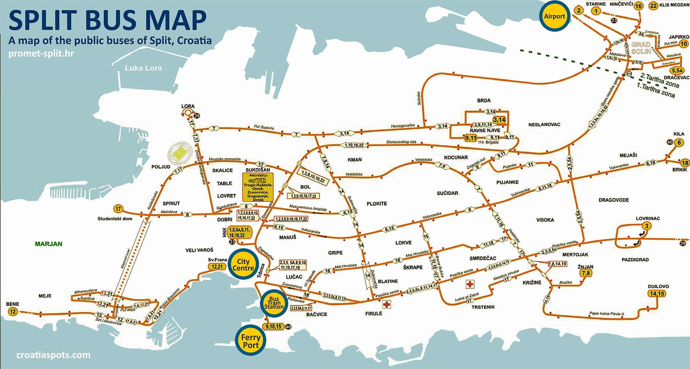 A large map of public buses in Split, Croatia that covers all bus lines inc...