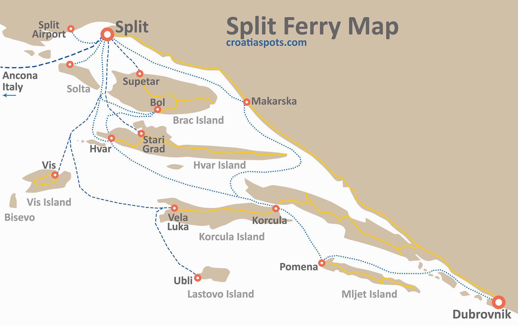 Split Ferry Map - Local, Domestic and International Ferries - CroatiaSpots