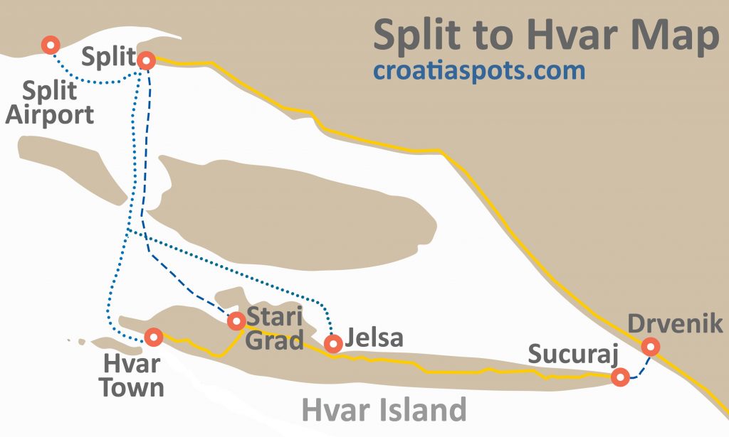 Ferry and road map Split - Hvar