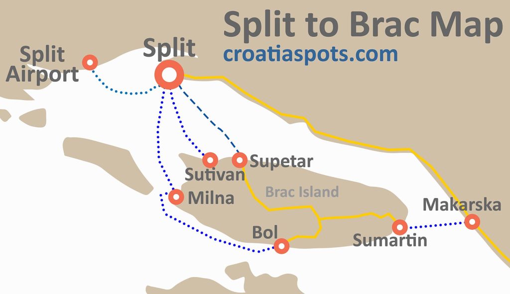 map of ferries and roads - split to brac island