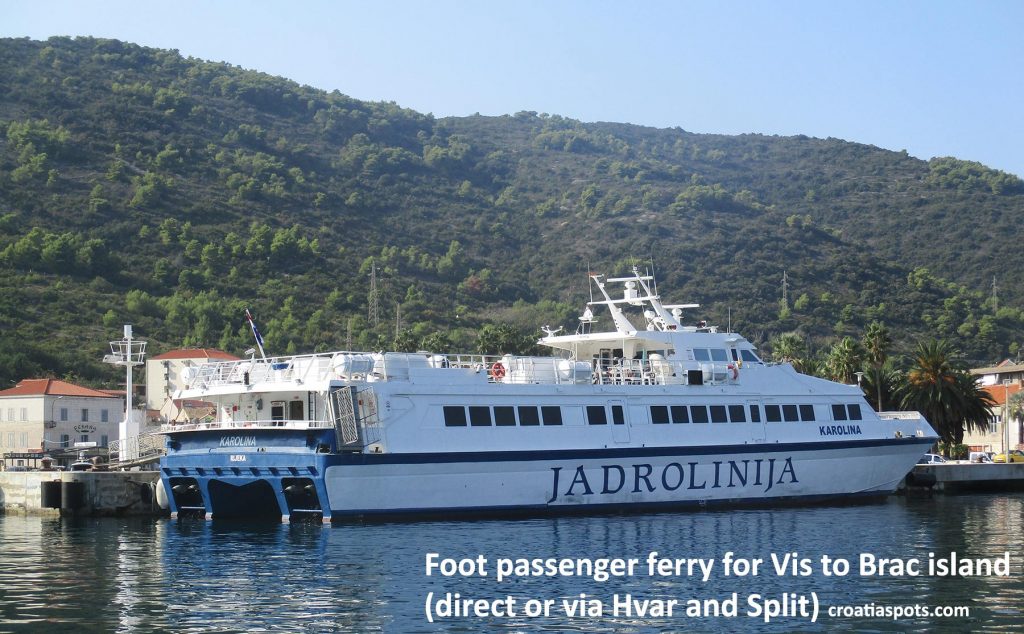 Views over foot passenger catamaran ferry that sails between Vis island and Brac (also via Hvar island or Split) @ Vis ferry port