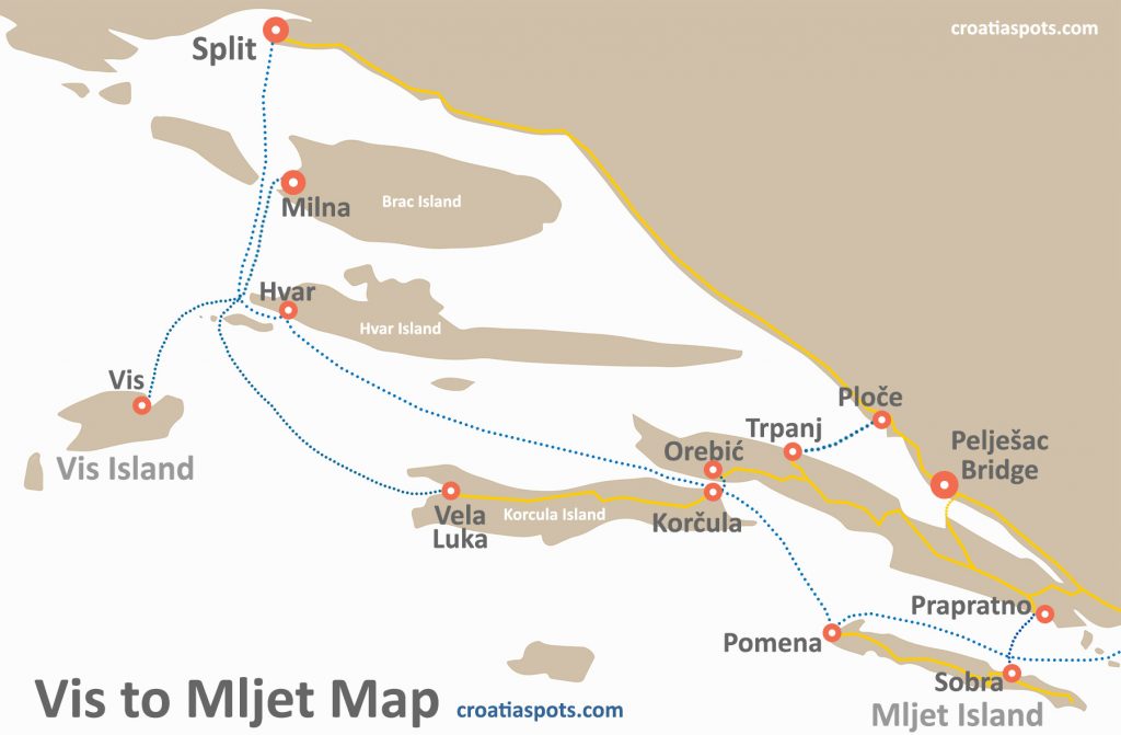 Ferry and road travel map between Vis and Mljet islands