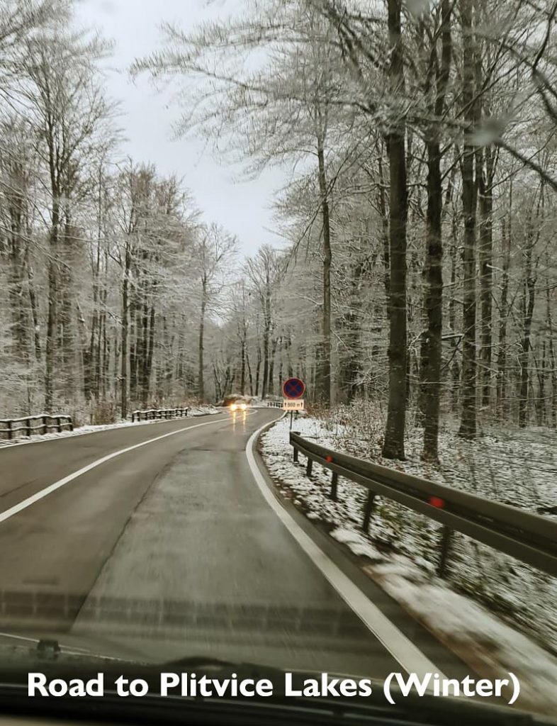 Winter road conditions while driving on road to Plitvice